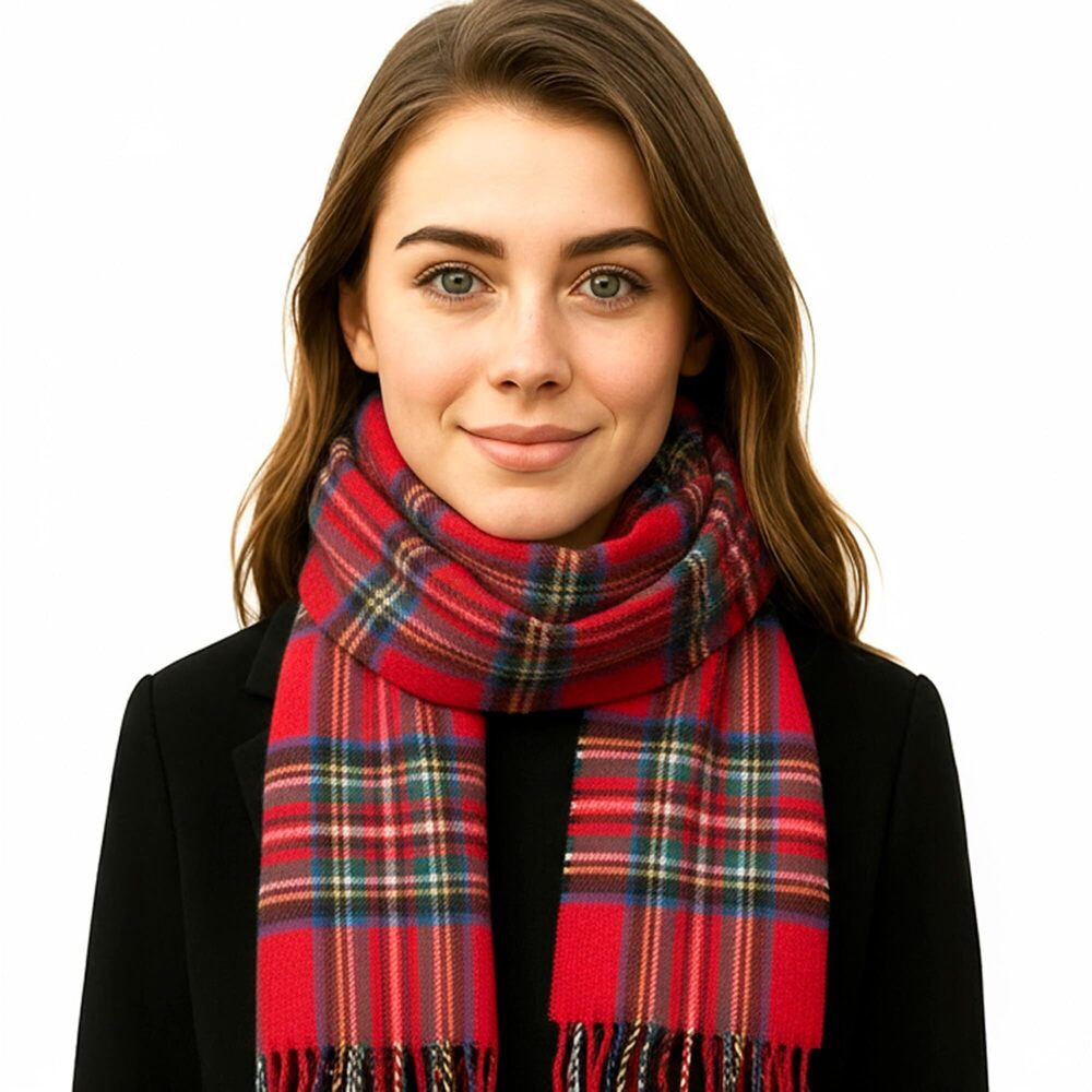 6831 100% Irish Wool Scarf & Soft & Warm Plaid Tartan Red Royal Stewart
